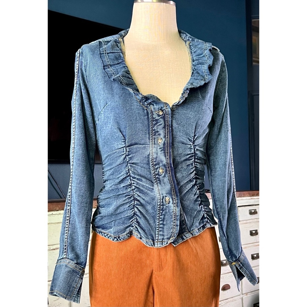 Anthropologie Shirred Denim Shirt Top XXS